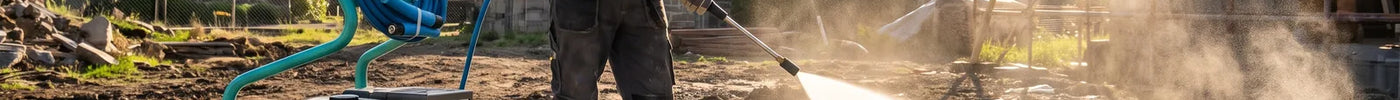 Maçon nettoyant une dalle béton au nettoyeur haute pression thermique IMER HPSTAR