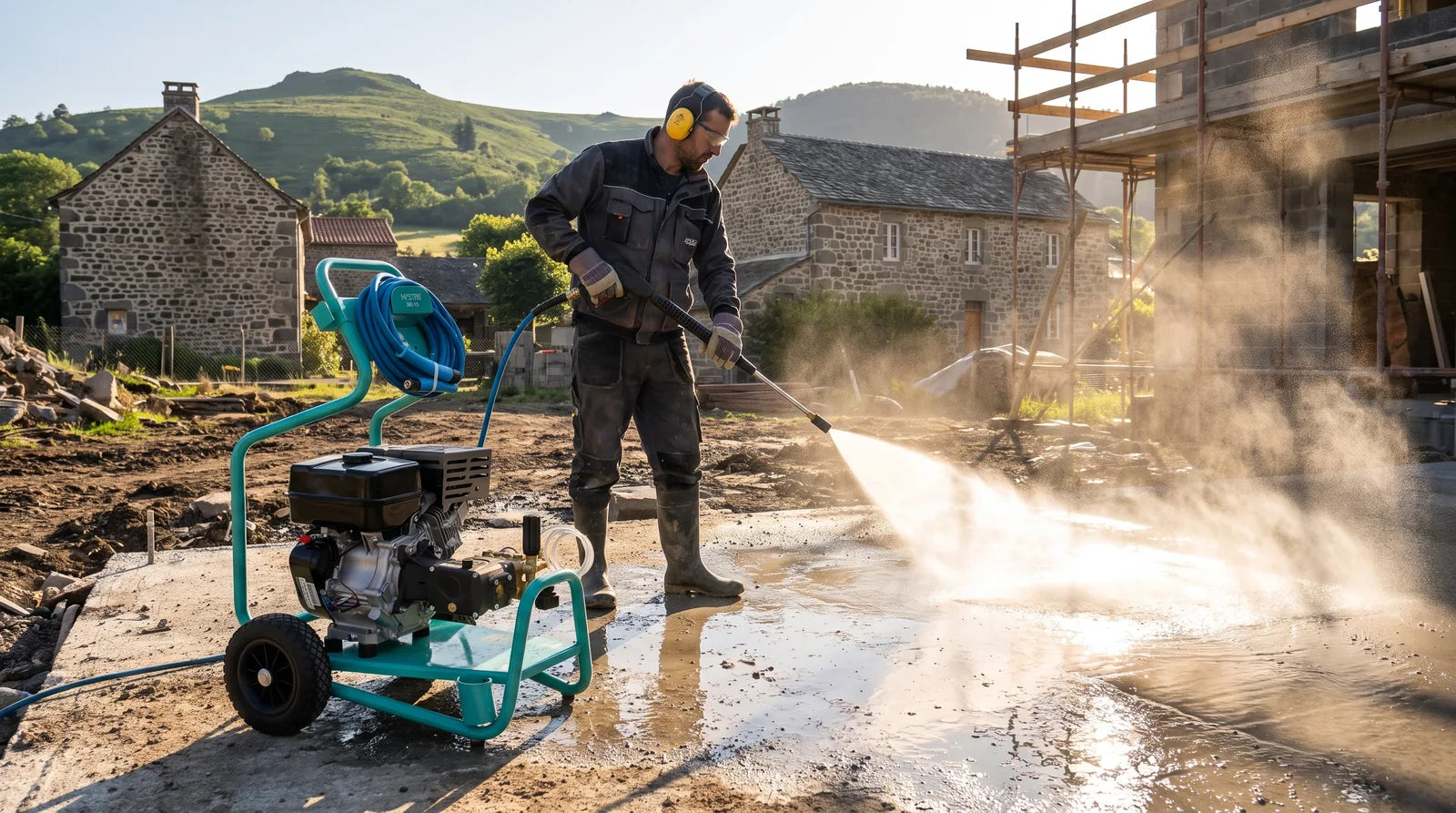 Maçon nettoyant une dalle béton au nettoyeur haute pression thermique IMER HPSTAR