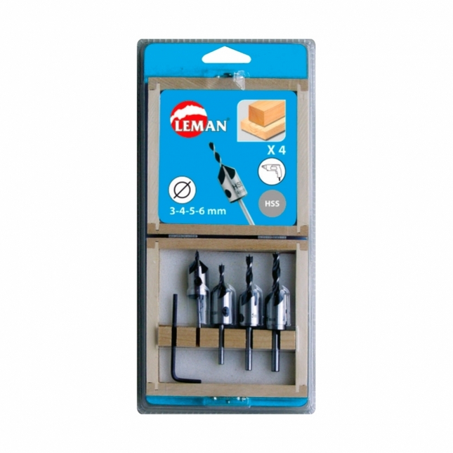 Coffret 4 forets hélicoïdaux avec fraisoirs bois Leman
